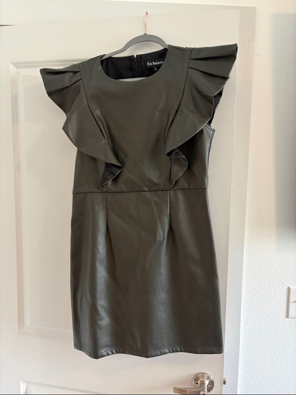En Saison Olive Faux Leather Ruffle-Shoulder Mini Dress